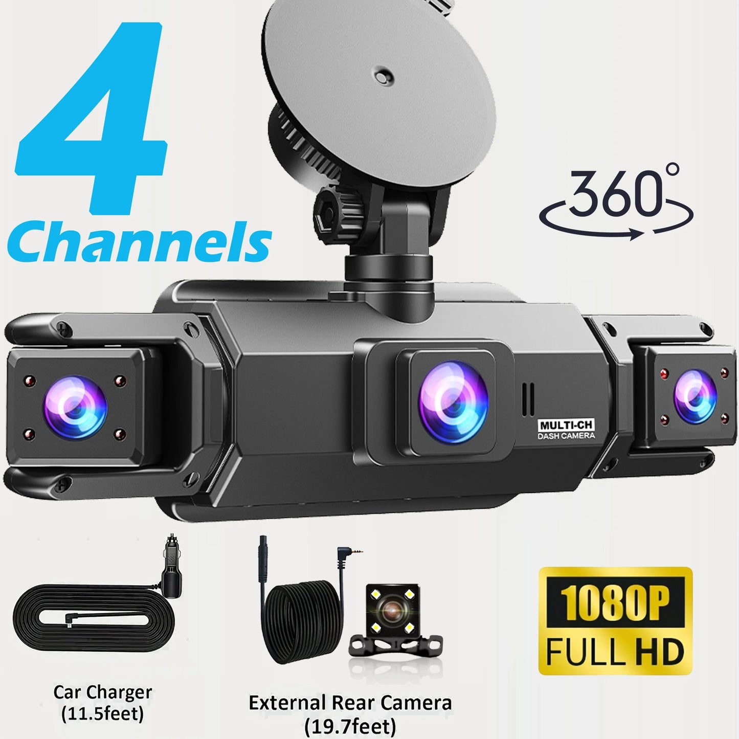 4-Channel 360° Dash Cam FHD with Front, Rear & Side Cameras, 128G, Night Vision, Parking Monitor