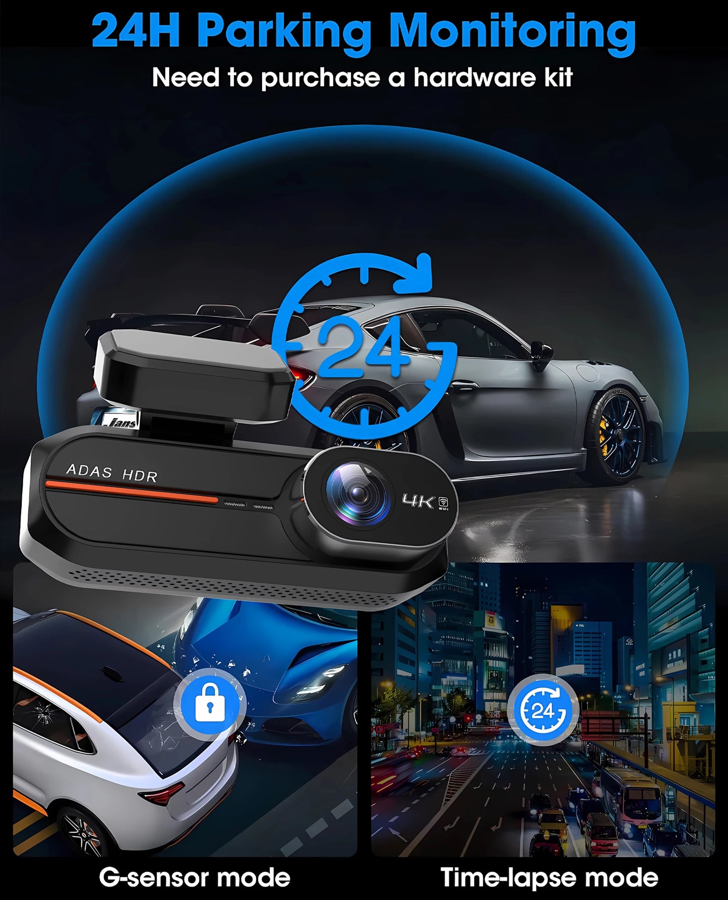 UHD 4K Dash Cam with ADAS, WiFi, GPS & 2.5K Rear Camera, Night Vision