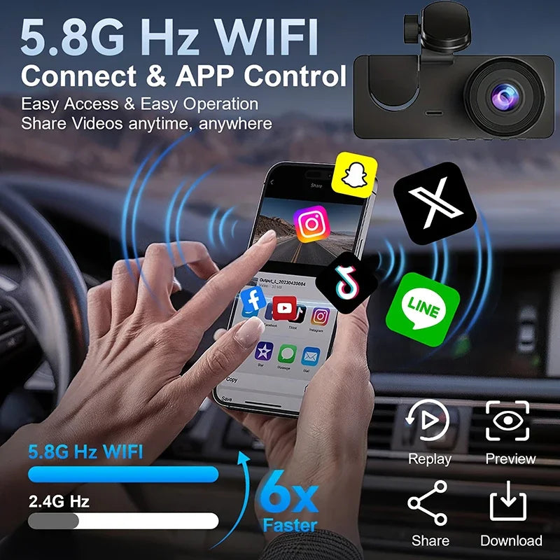WiFi Dash Cam 1080P Front & Rear Cameras, IR Night Vision