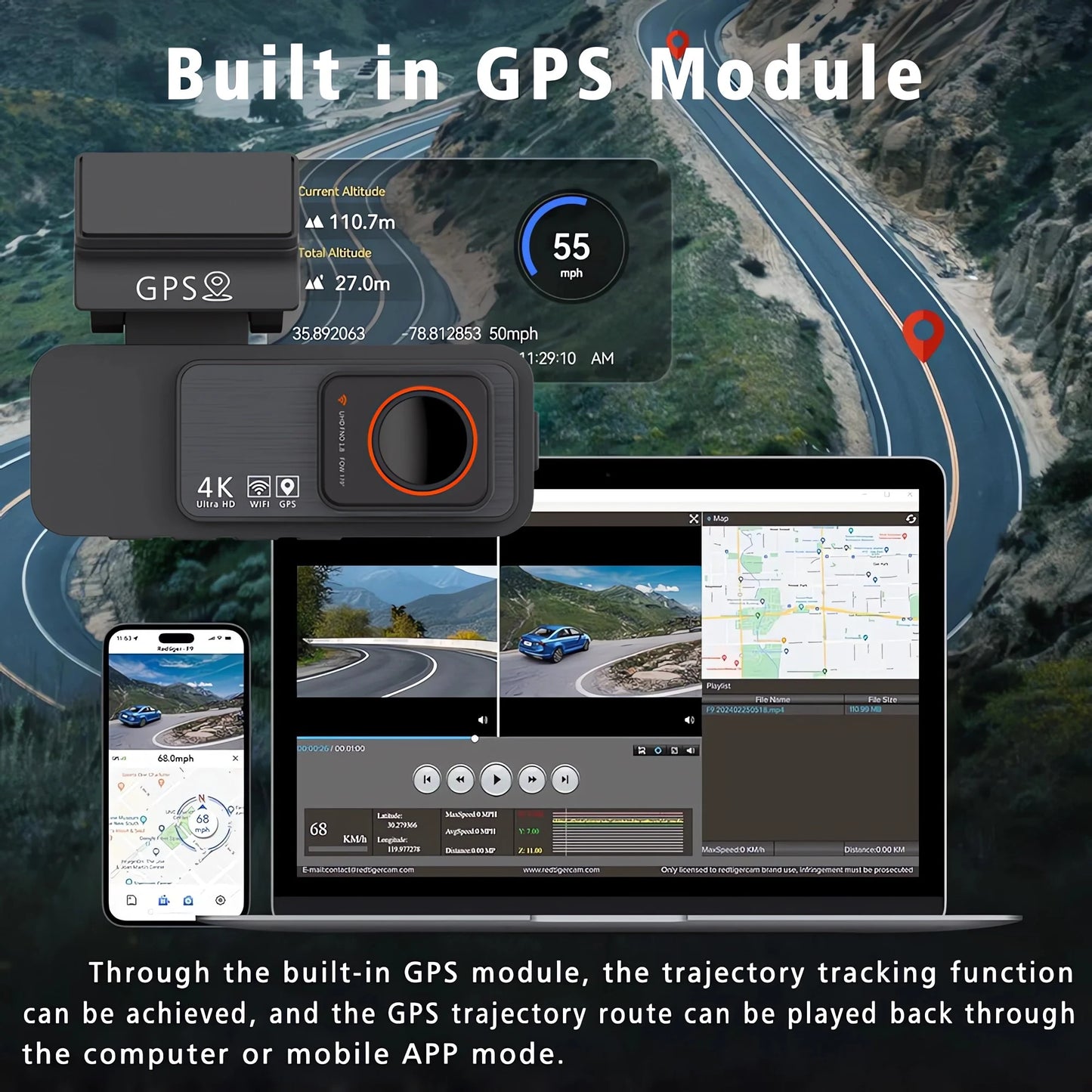 4K Dual Lens Dash Cam with GPS, WiFi & 2.5K Rear Camera, Night Vision