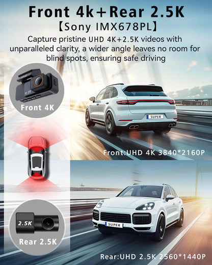 4K Dual Lens Dash Cam with GPS, WiFi & 2.5K Rear Camera, Night Vision