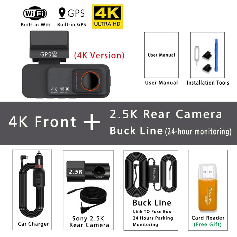 4K Dual Lens Dash Cam with GPS, WiFi & 2.5K Rear Camera, Night Vision