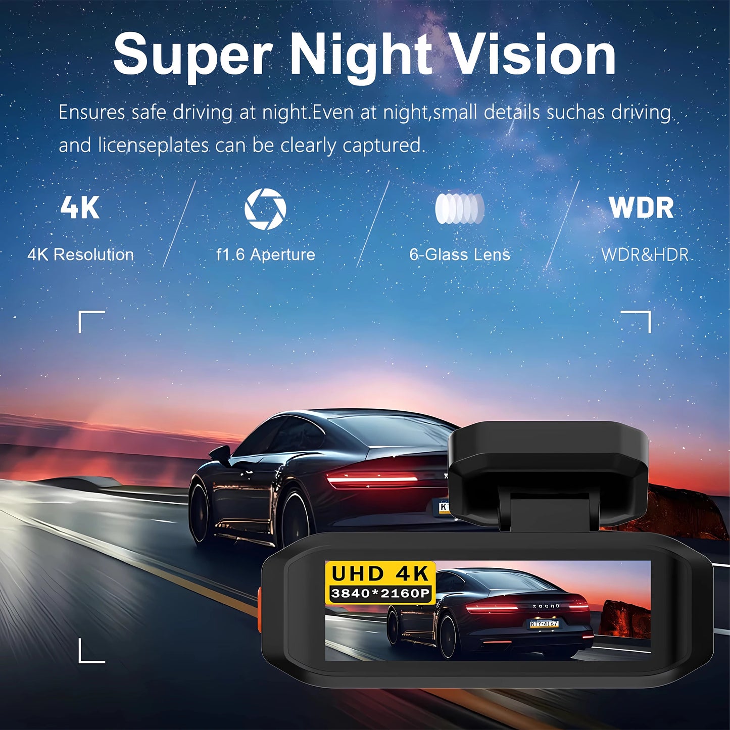 UHD 4K Dash Cam with ADAS, WiFi, GPS & 2.5K Rear Camera, Night Vision