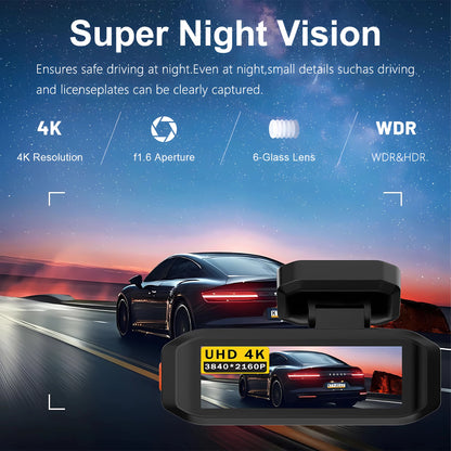 UHD 4K Dash Cam with ADAS, WiFi, GPS & 2.5K Rear Camera, Night Vision