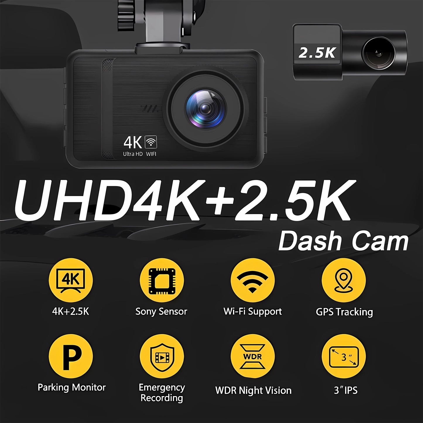 4K+2.5K Dash Cam with WiFi, GPS, Dual Lens, Rear Camera & 24H Parking Monitor