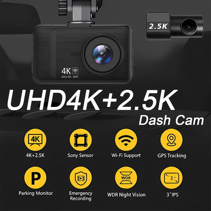 4K+2.5K Dash Cam with WiFi, GPS, Dual Lens, Rear Camera & 24H Parking Monitor