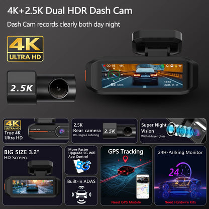 UHD 4K Dash Cam with ADAS, WiFi, GPS & 2.5K Rear Camera, Night Vision