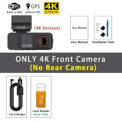 4K Dual Lens Dash Cam with GPS, WiFi & 2.5K Rear Camera, Night Vision