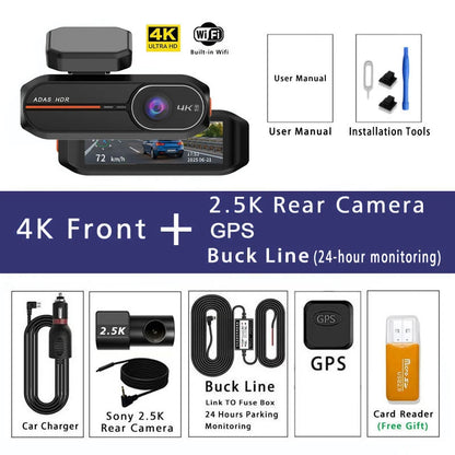 UHD 4K Dash Cam with ADAS, WiFi, GPS & 2.5K Rear Camera, Night Vision
