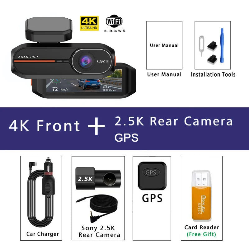 UHD 4K Dash Cam with ADAS, WiFi, GPS & 2.5K Rear Camera, Night Vision