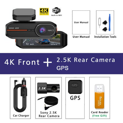 UHD 4K Dash Cam with ADAS, WiFi, GPS & 2.5K Rear Camera, Night Vision