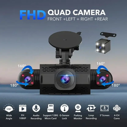 4-Channel Dash Cam FHD 1080P with Front, Rear & Side Cameras, Night Vision, Loop Recording