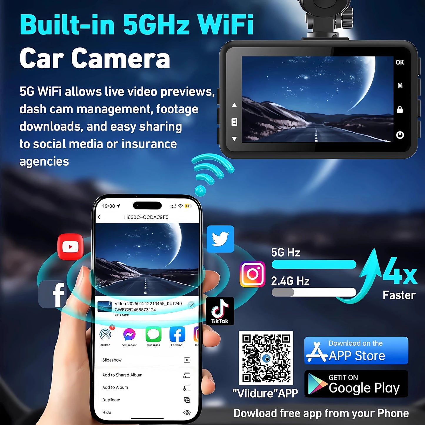 4K+2.5K Dash Cam with WiFi, GPS, Dual Lens, Rear Camera & 24H Parking Monitor