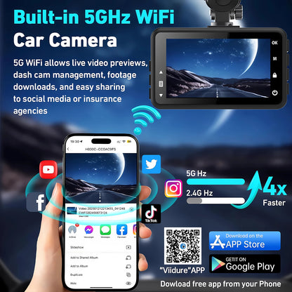4K+2.5K Dash Cam with WiFi, GPS, Dual Lens, Rear Camera & 24H Parking Monitor