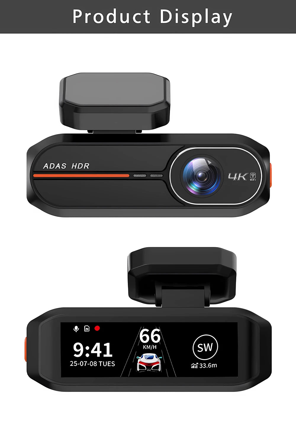 UHD 4K Dash Cam with ADAS, WiFi, GPS & 2.5K Rear Camera, Night Vision