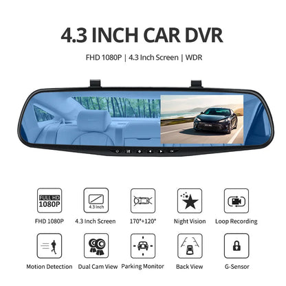 E-ACE 4.3" Mirror Dash Cam FHD 1080P with Optional Dual Lens & Rearview Camera