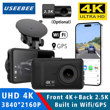 4K+2.5K Dash Cam with WiFi, GPS, Dual Lens, Rear Camera & 24H Parking Monitor