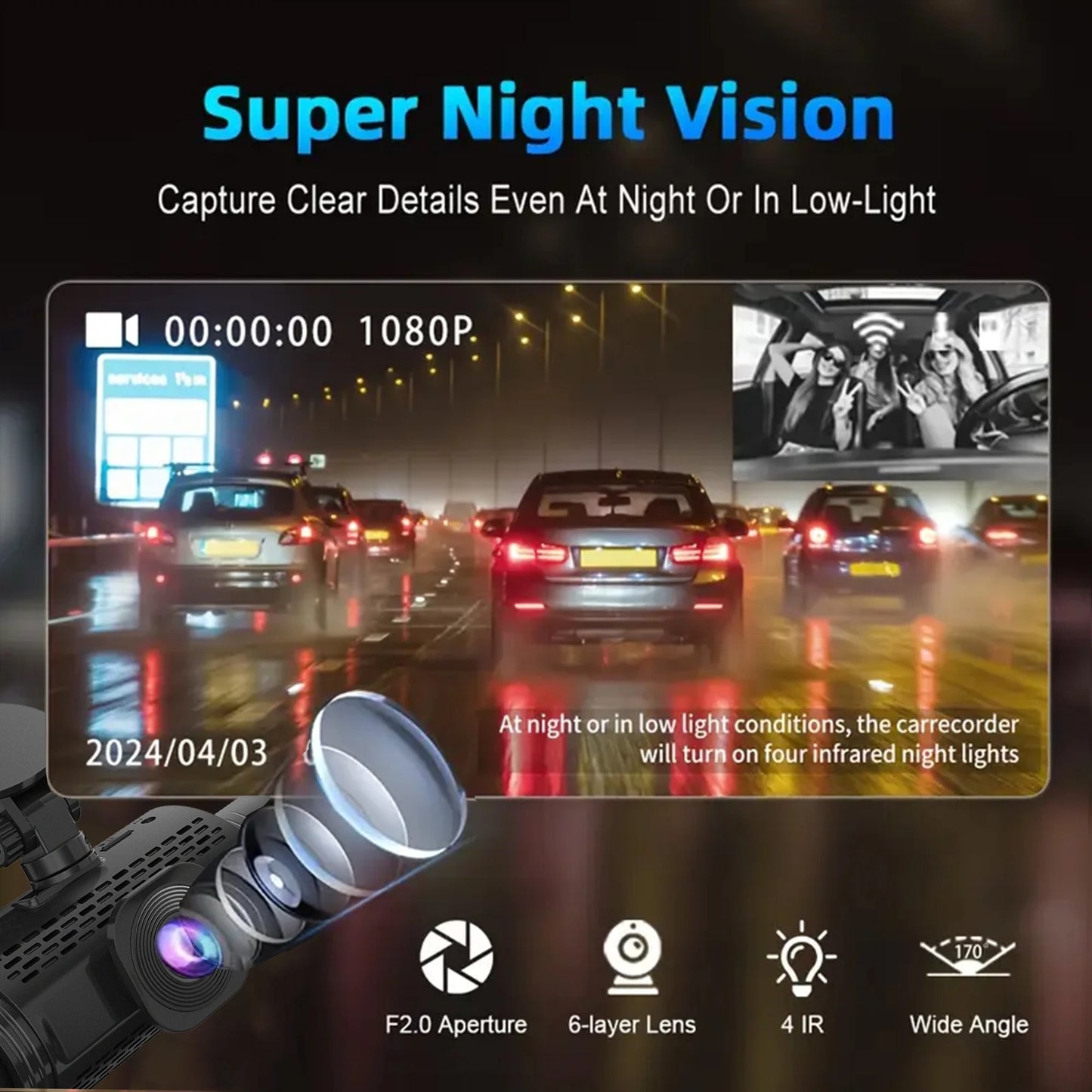 4-Channel Dash Cam FHD 1080P with Front, Rear & Side Cameras, Night Vision, Loop Recording