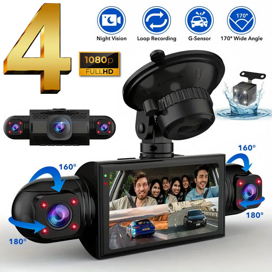 4-Channel Dash Cam FHD 1080P with Front, Rear & Side Cameras, Night Vision, Loop Recording