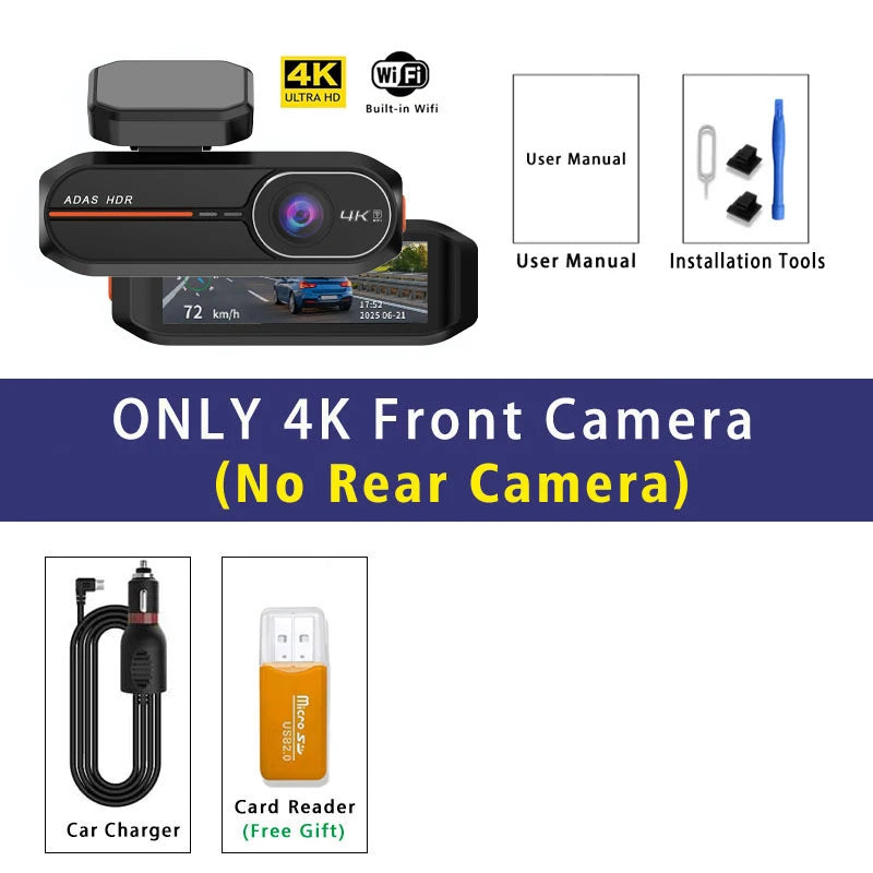 UHD 4K Dash Cam with ADAS, WiFi, GPS & 2.5K Rear Camera, Night Vision