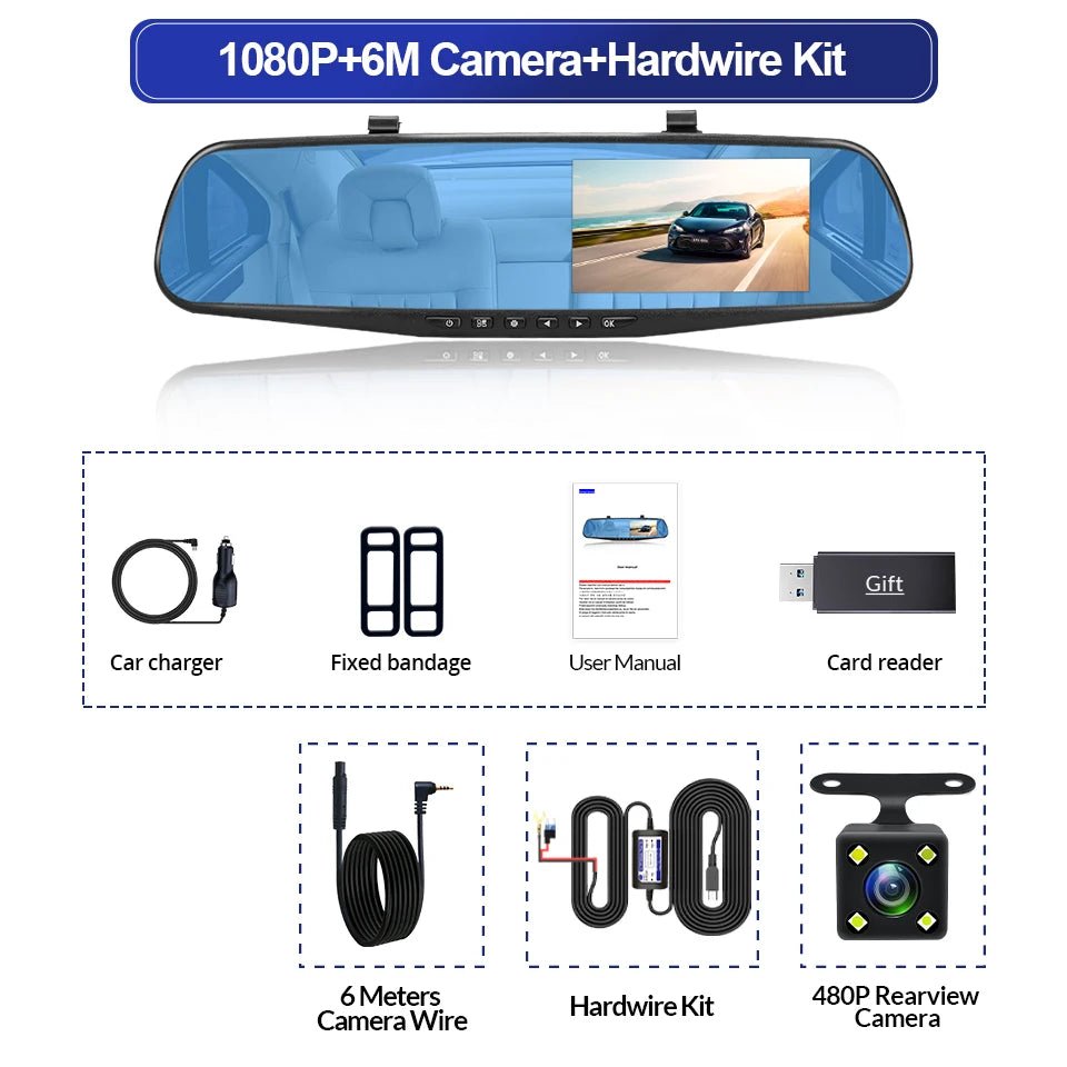 E-ACE 4.3" Mirror Dash Cam FHD 1080P with Optional Dual Lens & Rearview Camera