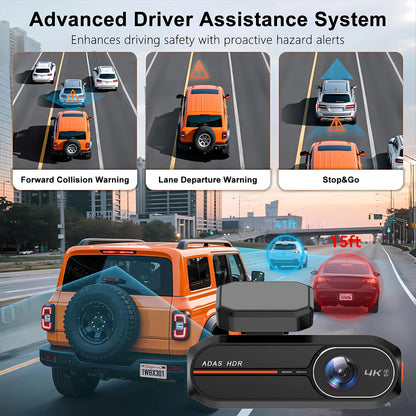 UHD 4K Dash Cam with ADAS, WiFi, GPS & 2.5K Rear Camera, Night Vision
