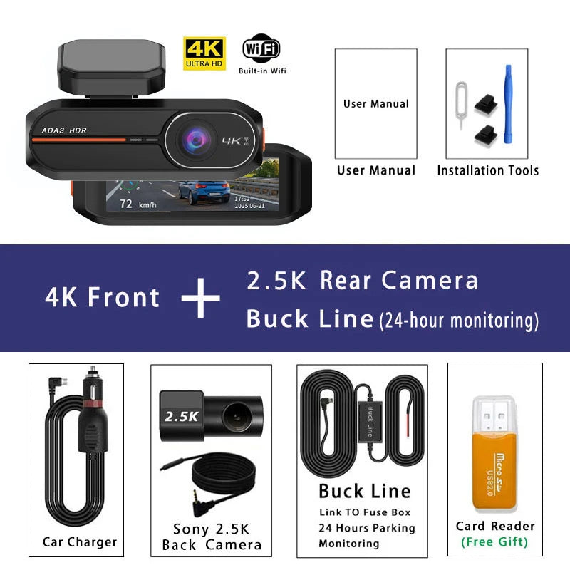 UHD 4K Dash Cam with ADAS, WiFi, GPS & 2.5K Rear Camera, Night Vision