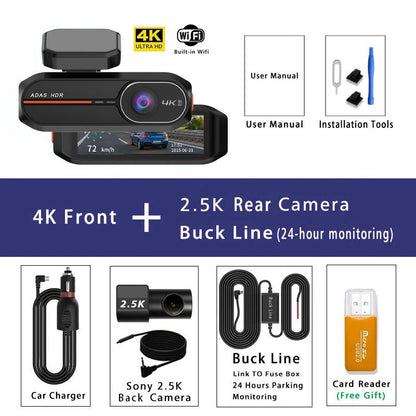 UHD 4K Dash Cam with ADAS, WiFi, GPS & 2.5K Rear Camera, Night Vision