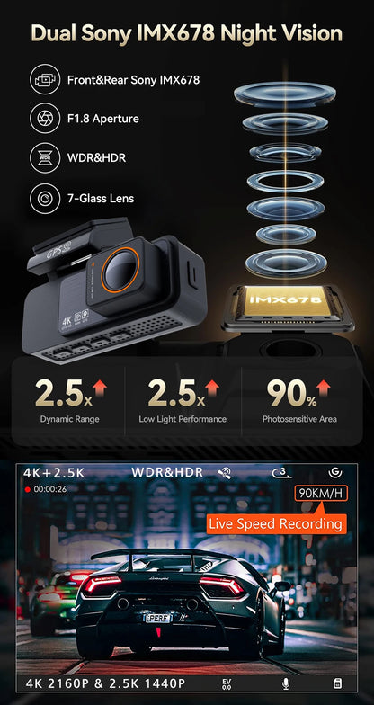 4K Dual Lens Dash Cam with GPS, WiFi & 2.5K Rear Camera, Night Vision