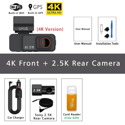 4K Dual Lens Dash Cam with GPS, WiFi & 2.5K Rear Camera, Night Vision