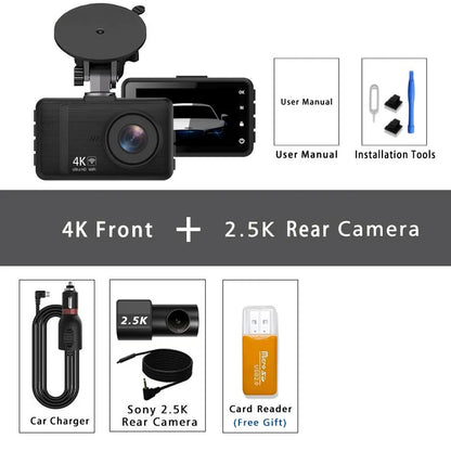 4K+2.5K Dash Cam with WiFi, GPS, Dual Lens, Rear Camera & 24H Parking Monitor