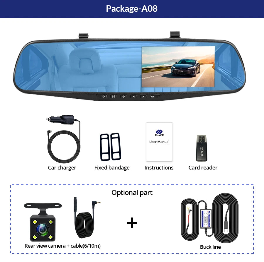 E-ACE 4.3" Mirror Dash Cam FHD 1080P with Optional Dual Lens & Rearview Camera