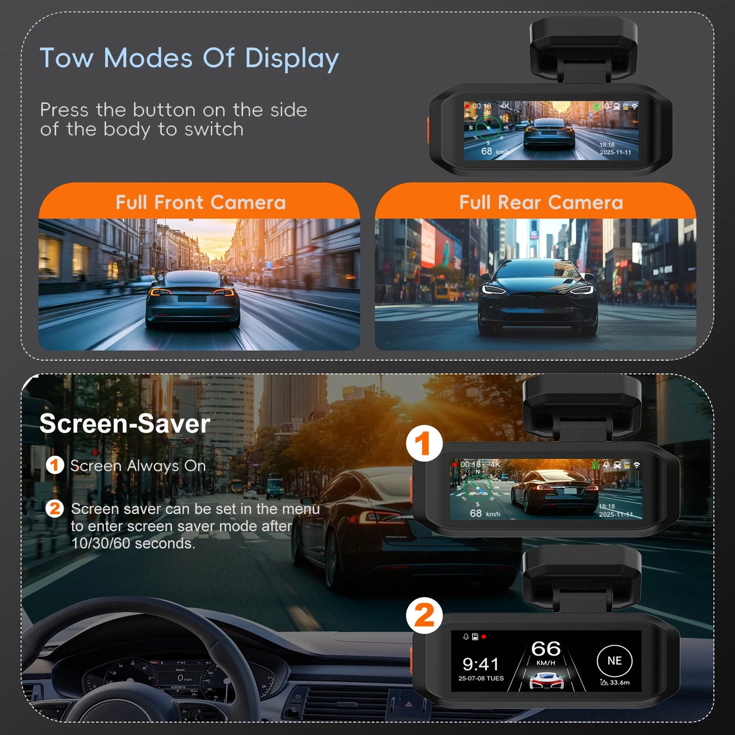 UHD 4K Dash Cam with ADAS, WiFi, GPS & 2.5K Rear Camera, Night Vision
