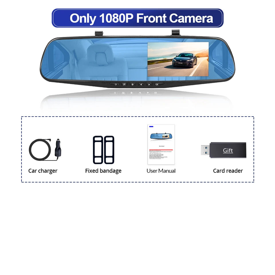 E-ACE 4.3" Mirror Dash Cam FHD 1080P with Optional Dual Lens & Rearview Camera