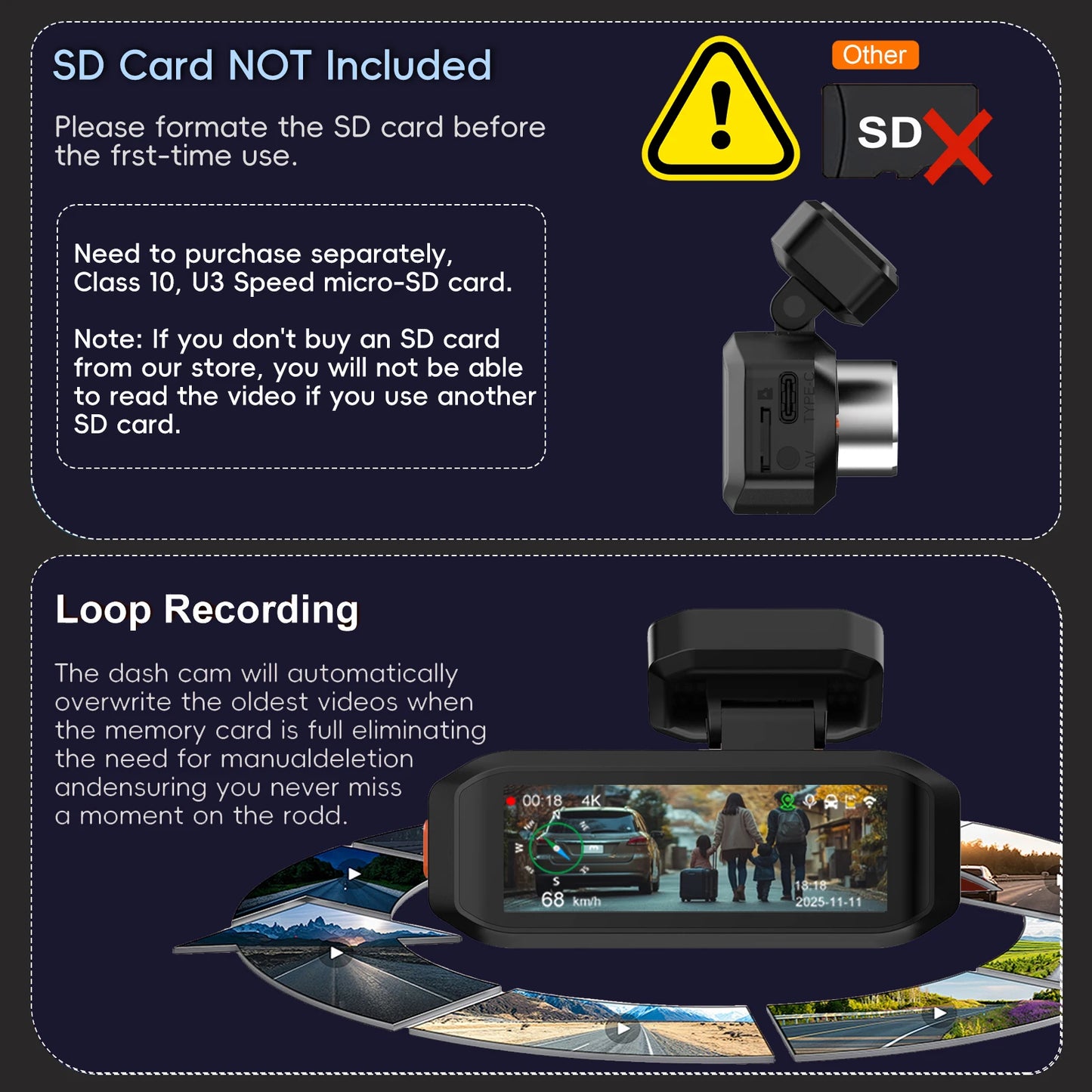 UHD 4K Dash Cam with ADAS, WiFi, GPS & 2.5K Rear Camera, Night Vision