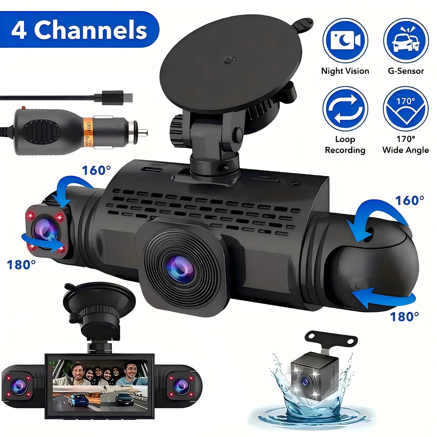 4-Channel Dash Cam FHD 1080P with Front, Rear & Side Cameras, Night Vision, Loop Recording
