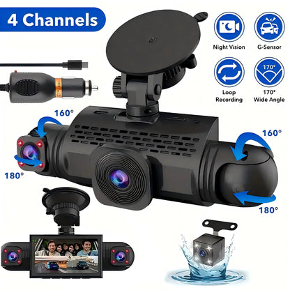 4-Channel Dash Cam FHD 1080P with Front, Rear & Side Cameras, Night Vision, Loop Recording
