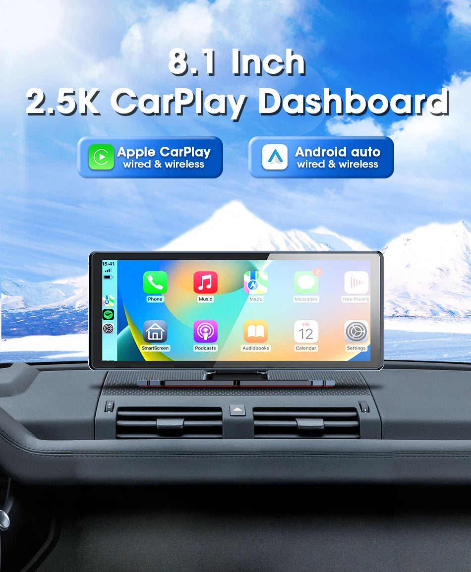 Vtopek 8.1" Dash Cam 2.5K with Wireless CarPlay, Android Auto, GPS & Rear Camera