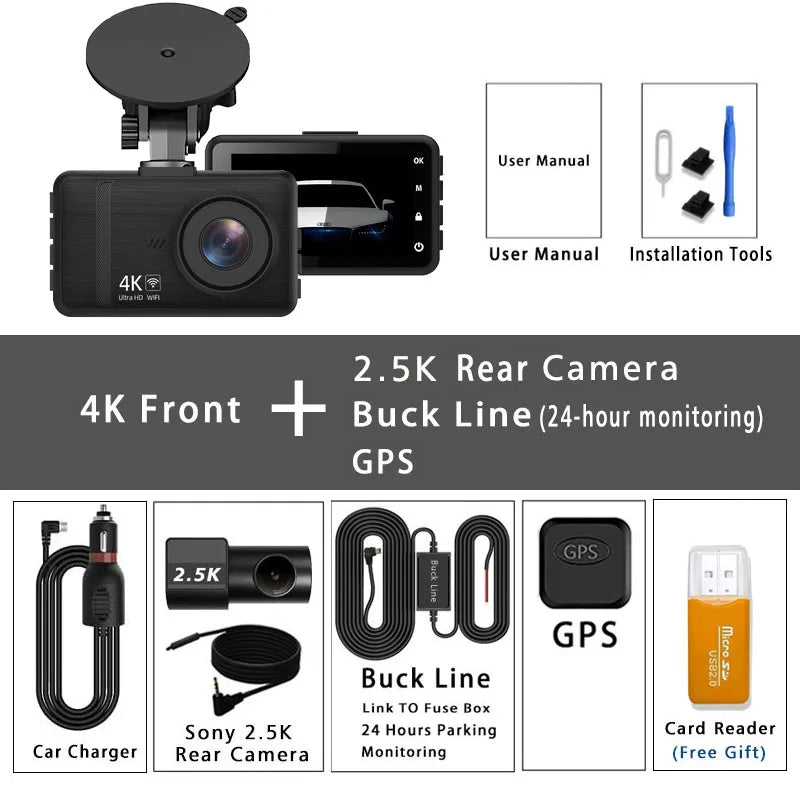 4K+2.5K Dash Cam with WiFi, GPS, Dual Lens, Rear Camera & 24H Parking Monitor