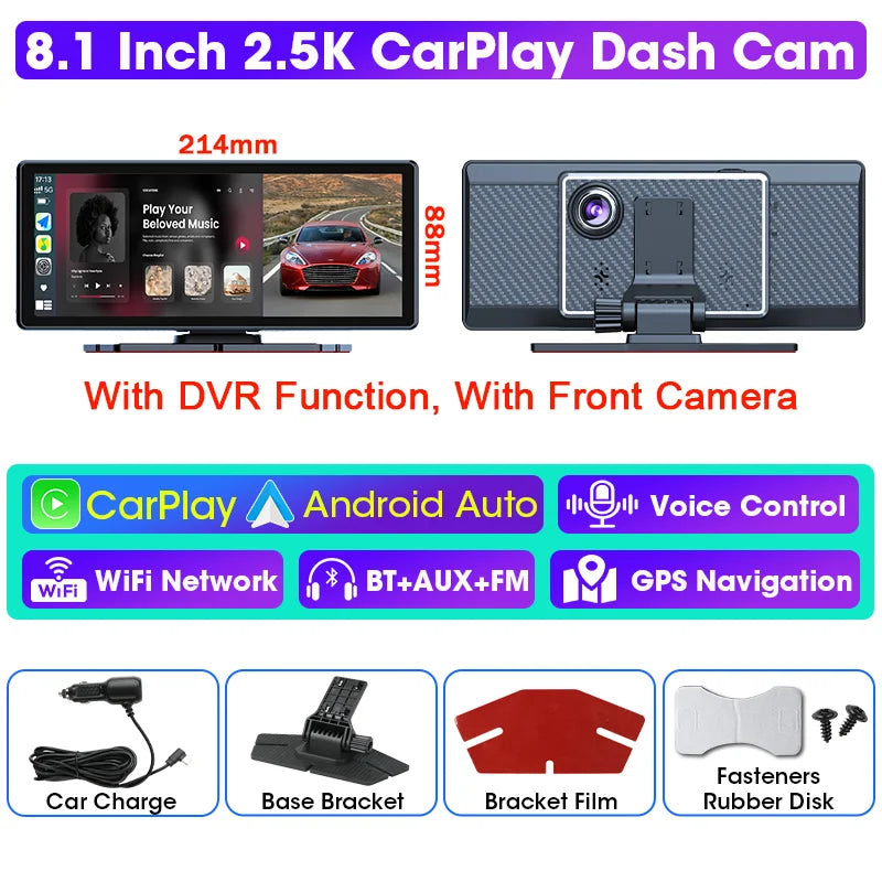Vtopek 8.1" Dash Cam 2.5K with Wireless CarPlay, Android Auto, GPS & Rear Camera