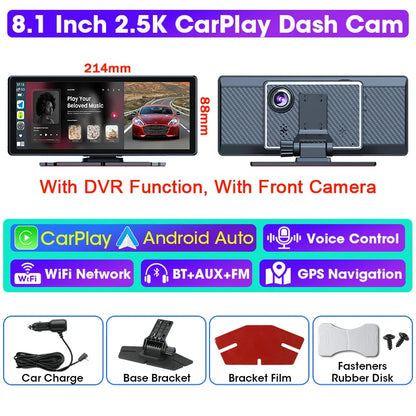 Vtopek 8.1" Dash Cam 2.5K with Wireless CarPlay, Android Auto, GPS & Rear Camera