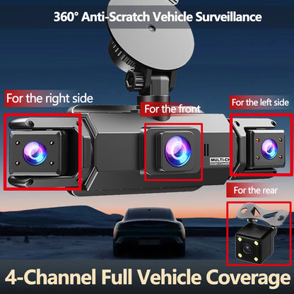 4-Channel 360° Dash Cam FHD with Front, Rear & Side Cameras, 128G, Night Vision, Parking Monitor