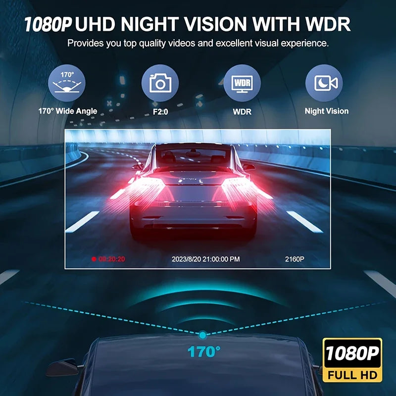WiFi Dash Cam 1080P Front & Rear Cameras, IR Night Vision